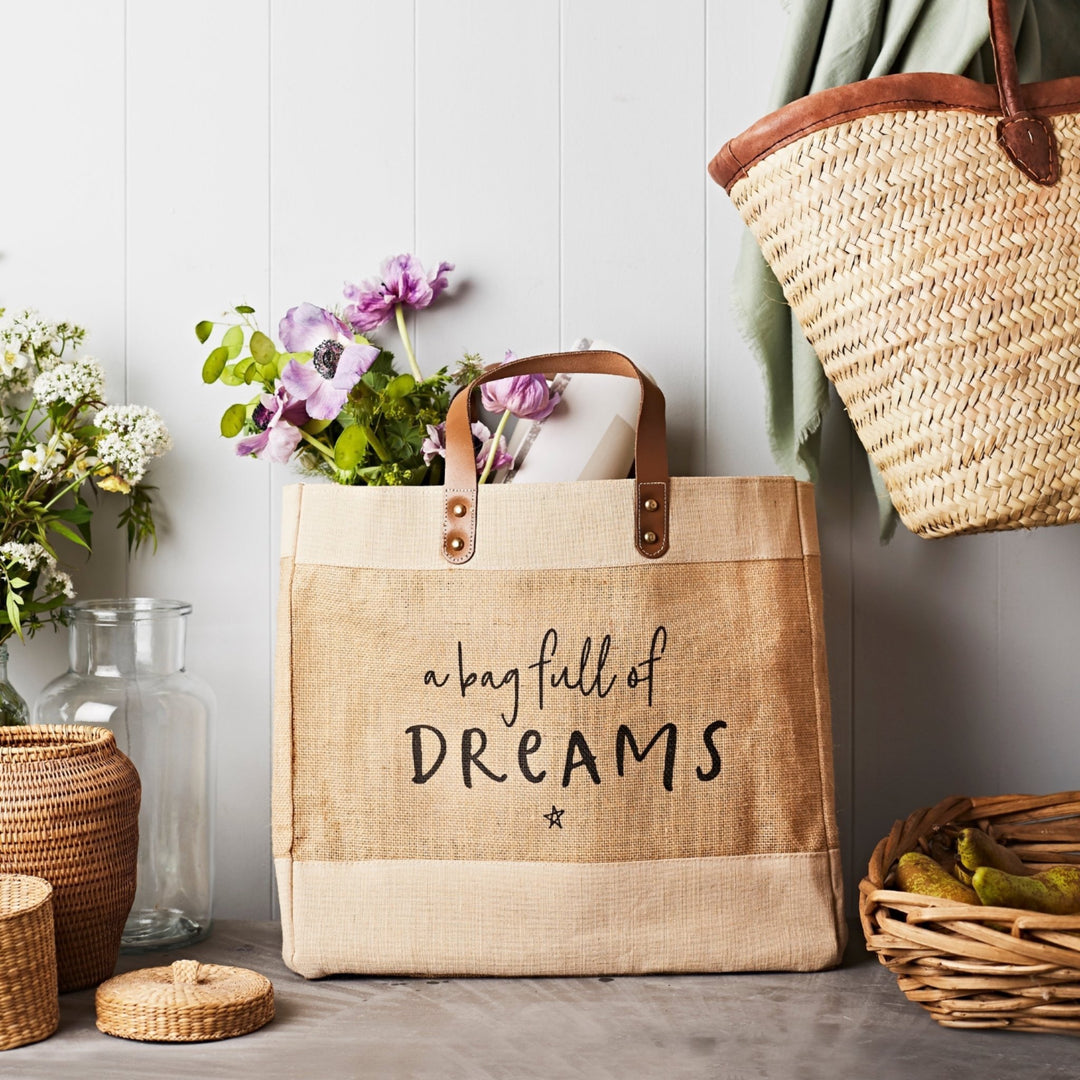 Natural Jute Market Tote Shopping Bag with leather handles printed with 'a bag full of dreams' by Tillyanna