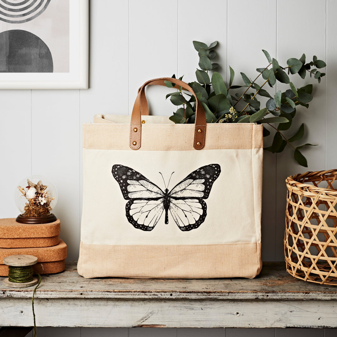 Butterfly Canvas Leather Handled Tote Shopper Bag