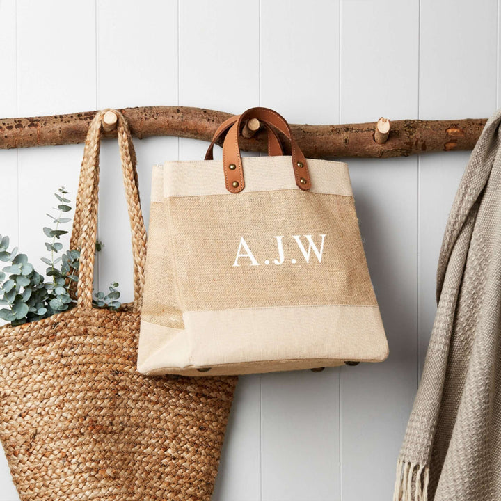 Monogram Leather Handled Jute Tote Shopper Bag