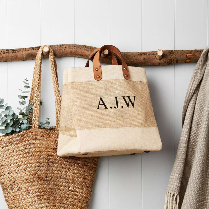 Monogram Leather Handled Jute Tote Shopper Bag
