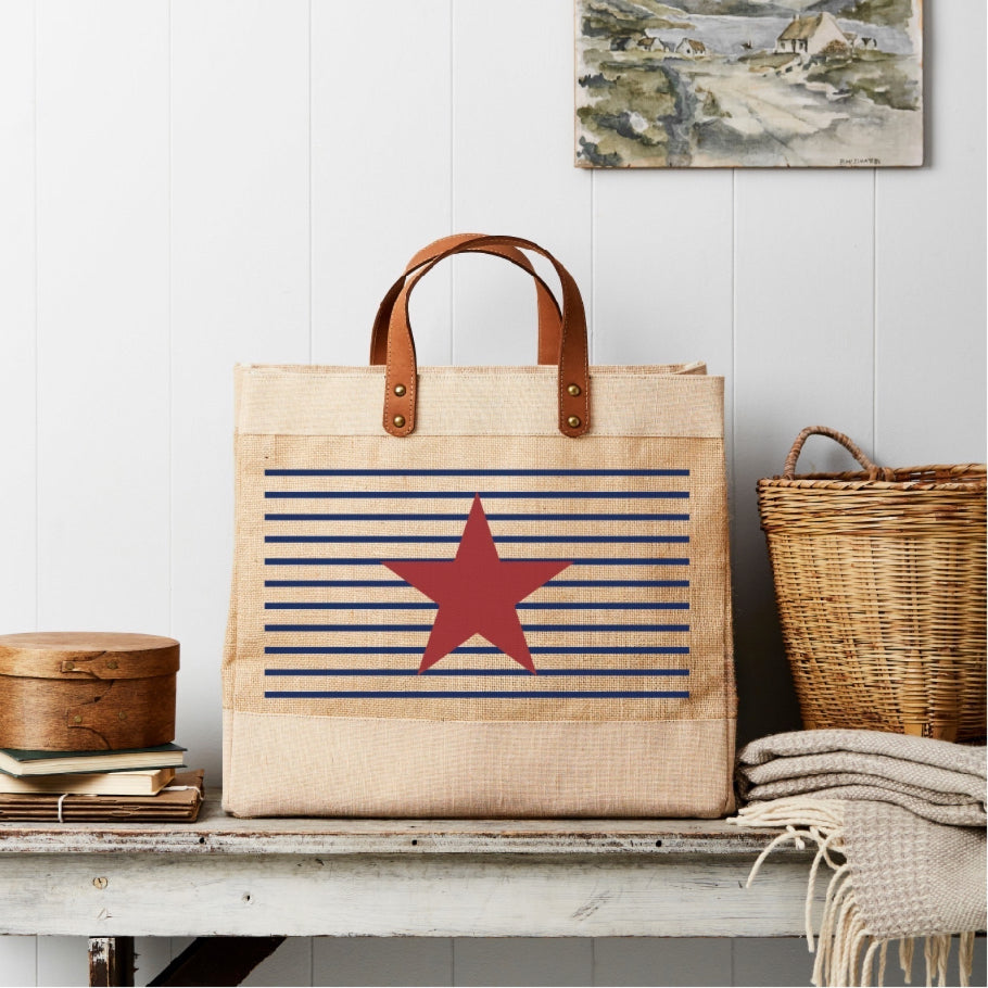 Navy Stripe with Red Star Market Tote - Natural Jute - Tillyanna