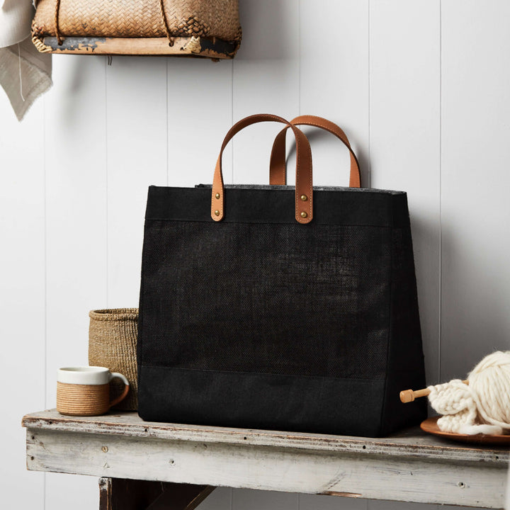 Personalised leather handled jute shopping tote bag
