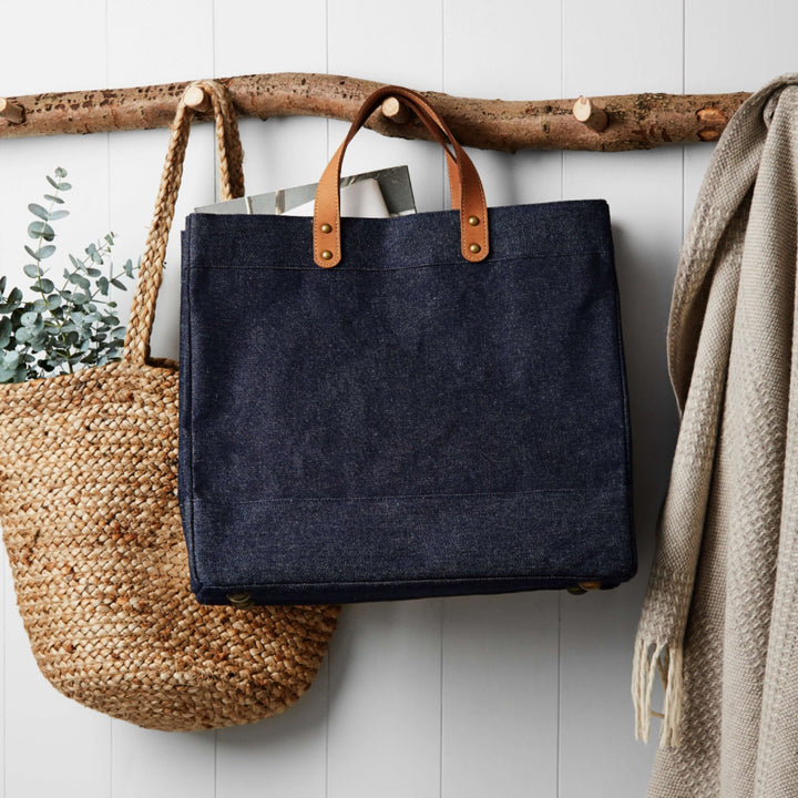Leather Handled Denim Tote Shopper Bag