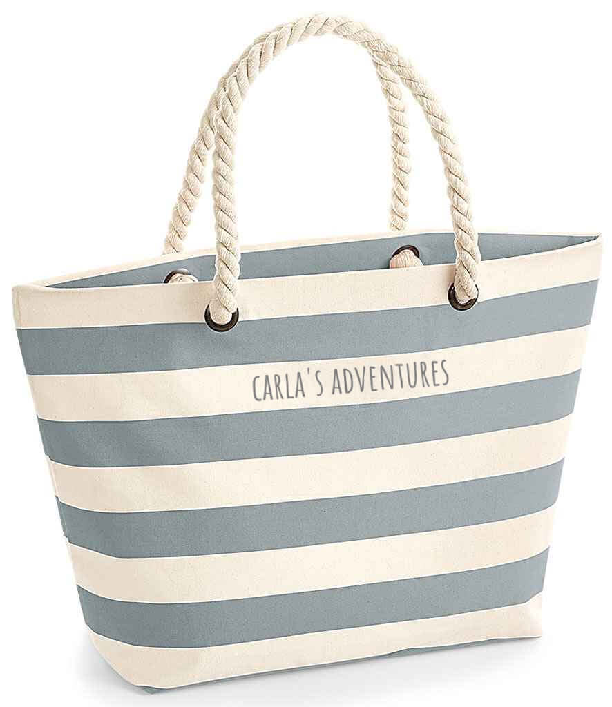 Grey striped beach bag with rope handles - Personalised