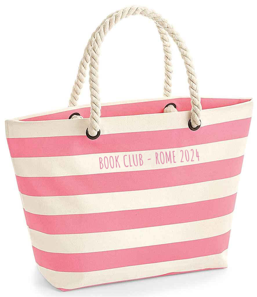 Pink striped beach bag with rope handles - Personalised