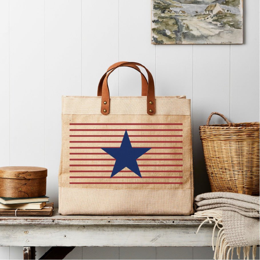 Leather Handled Jute Bag with red stripes and navy star