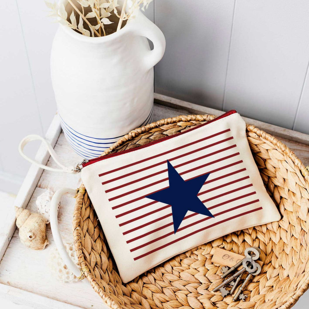 Red Stripe with navy star canvas pouch