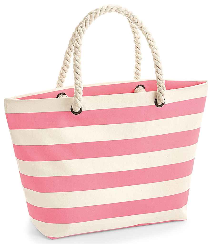 Pink striped beach bag with rope handles - plain