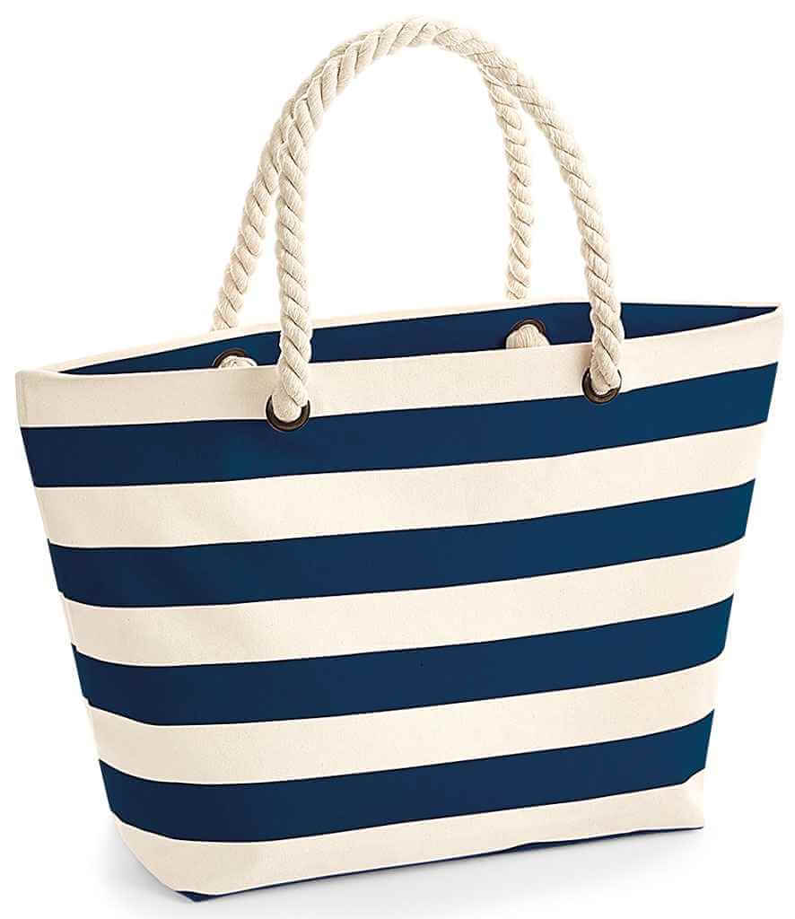 Navy striped beach bag with rope handles plain – Tillyanna