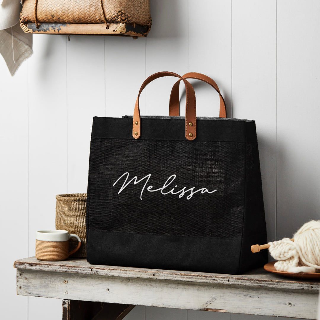 Personalised leather handled jute shopping tote bag