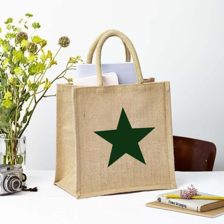 Green Star Square Bag - Natural Jute