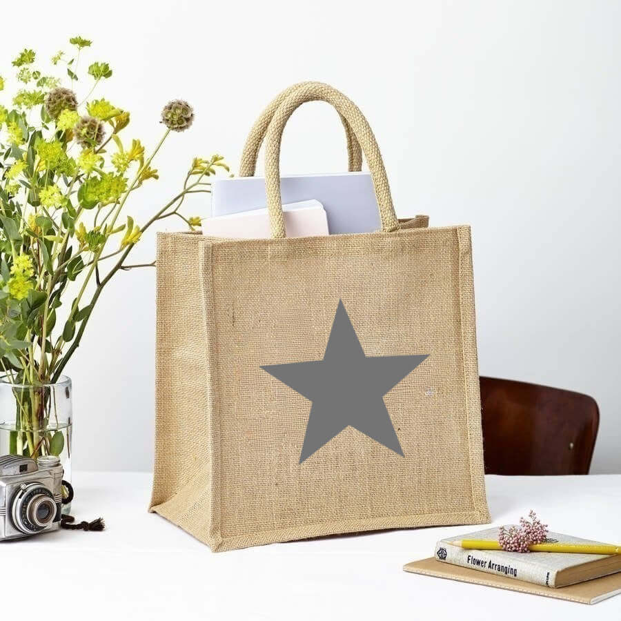 Grey Star Square Bag - Natural Jute