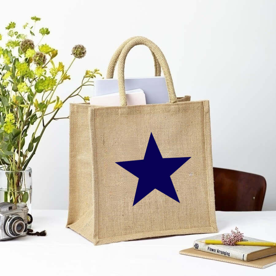 Navy Star Square Bag - Natural Jute