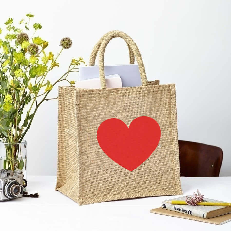 Red Love Heart Square Bag - Natural Jute