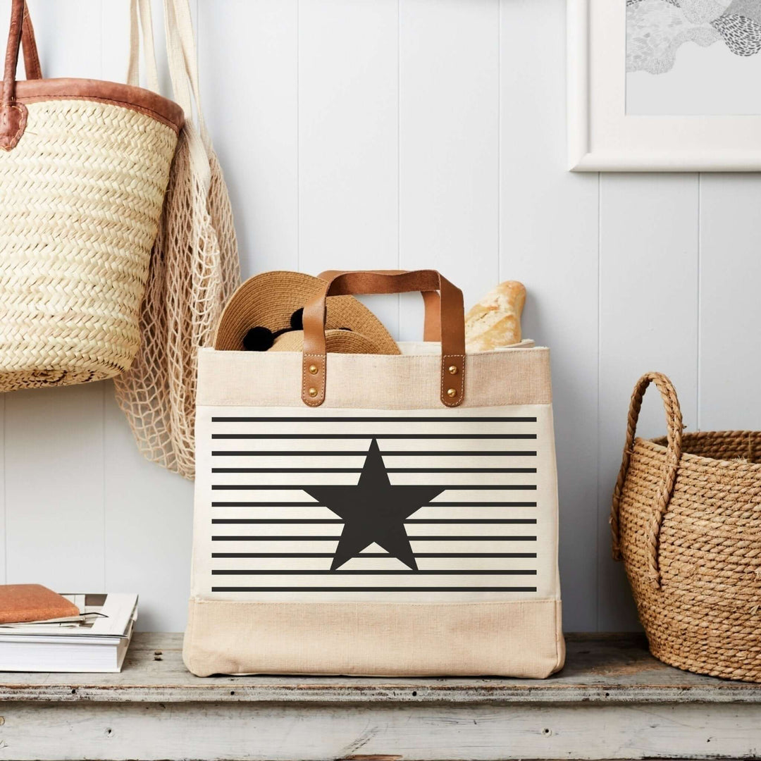Black Stripe and Star Market Tote - Canvas - Tillyanna