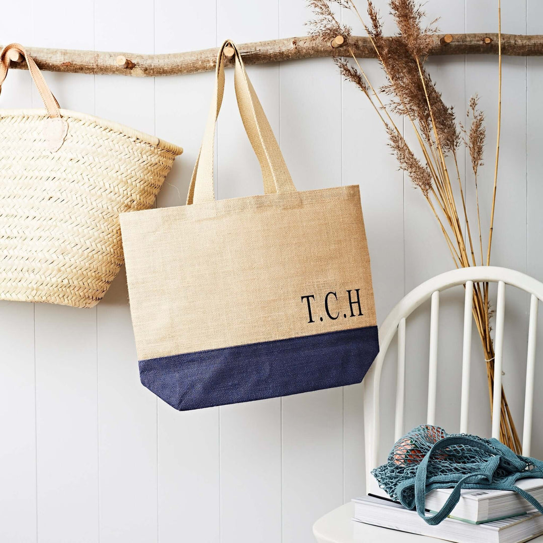 Monogram Jute Bag With Navy Base - Tillyanna