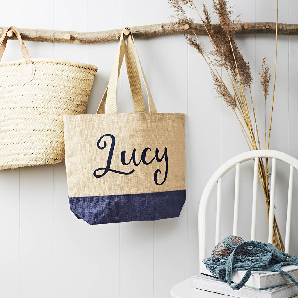 Personalised Coloured Base Jute Bag Navy Name Tillyanna