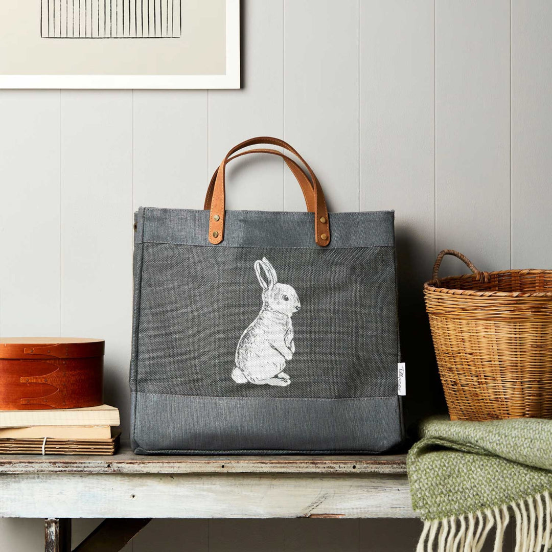 Leather Handled Grey Market Bunny Tote Bag