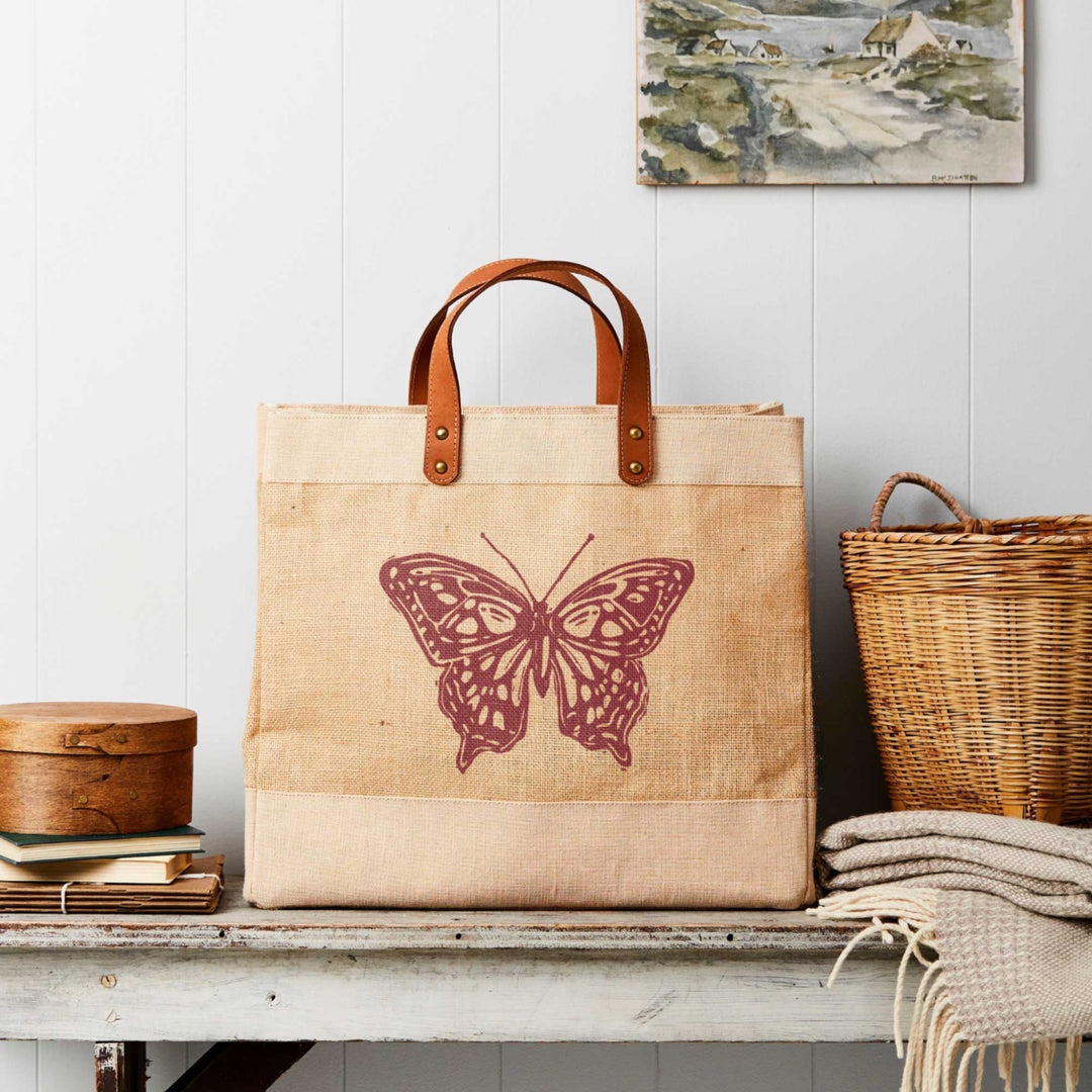 Leather Handled Natural Jute Market Tote - Butterfly Farmhouse Red