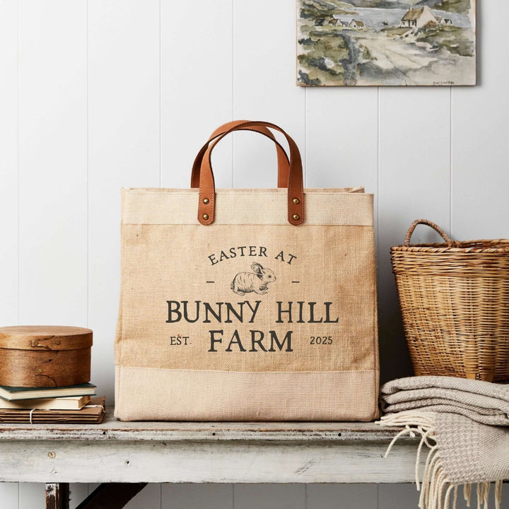 Personalised Easter Market Tote by Tillyanna, made of sustainable jute with leather handles, featuring Bunny Hill Farm design.
