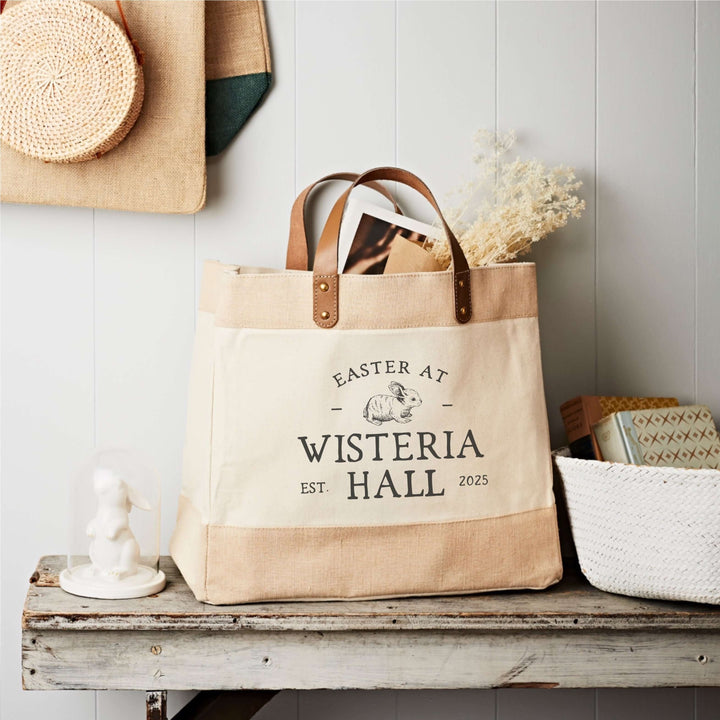 Personalised Easter Market Tote by Tillyanna, made from sustainable laminated canvas with leather handles.
