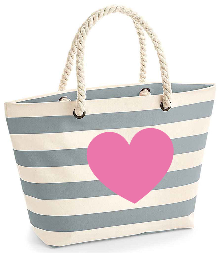 Grey striped beach bag with rope handles - Heart