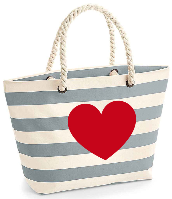 Grey striped beach bag with rope handles - Heart