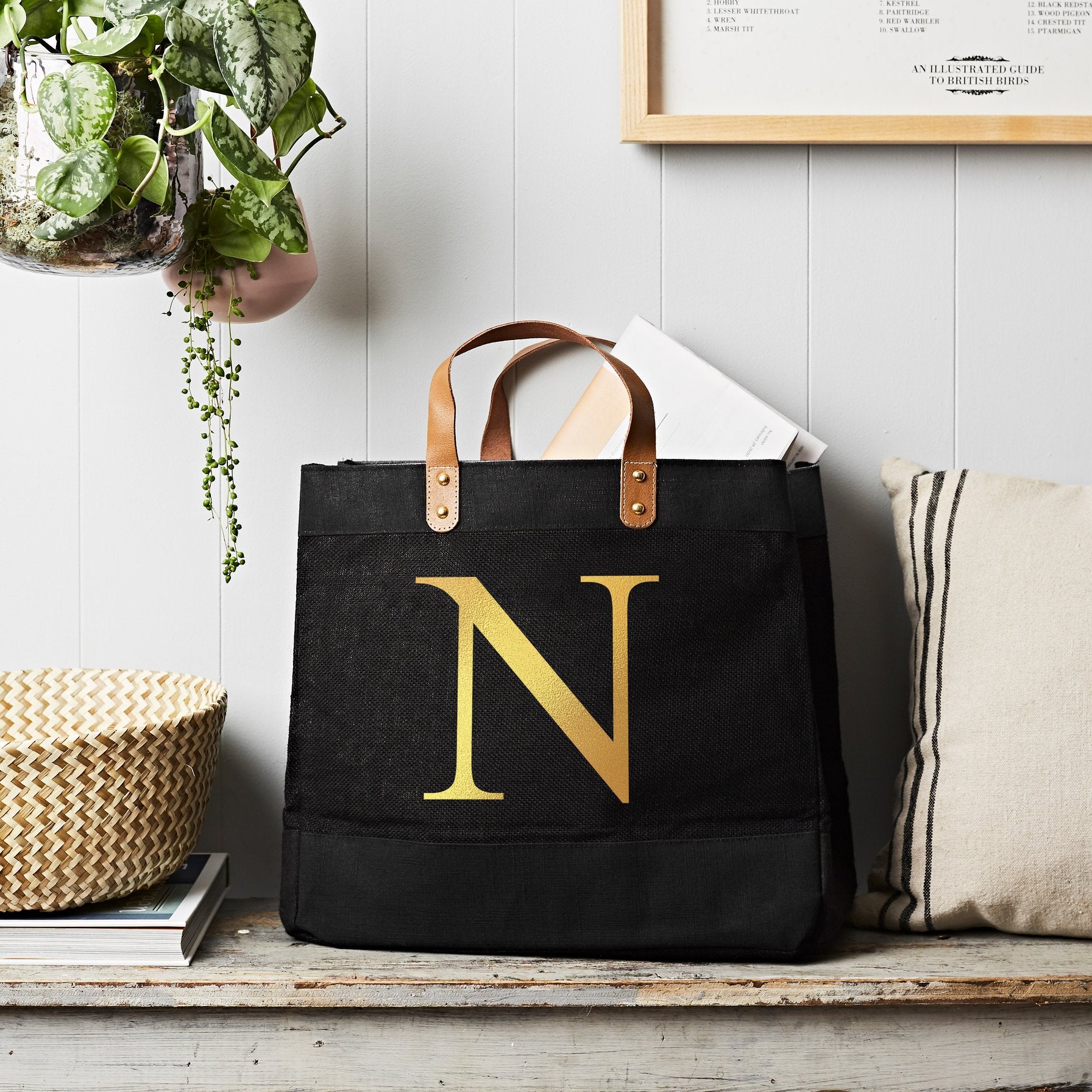 Letter Market Tote Black Jute