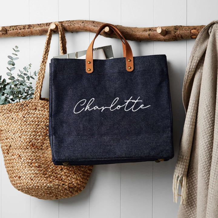 personalised leather handled denim tote bag