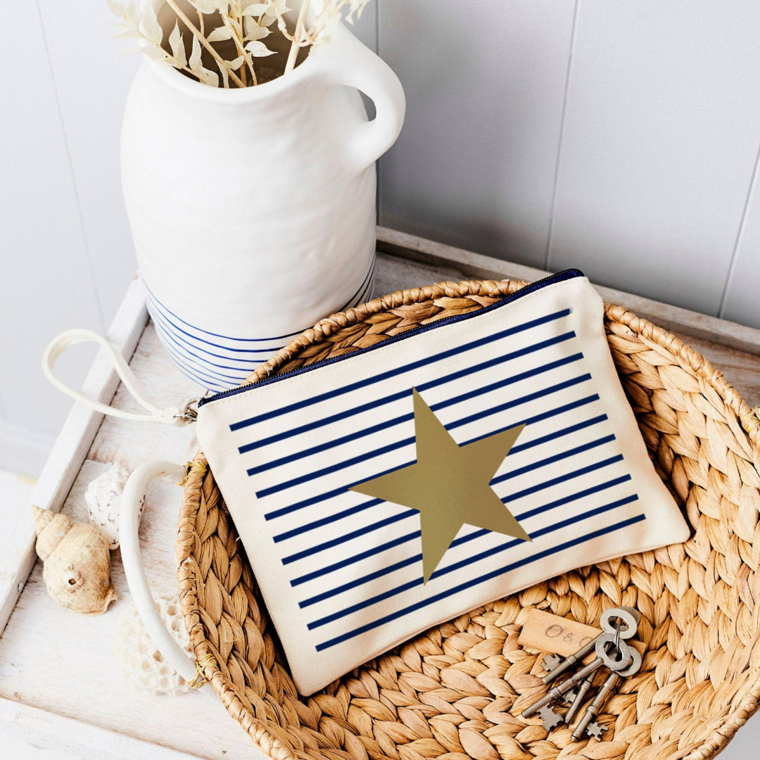 Navy Stripe With Gold Star Canvas Pouch - Tillyanna