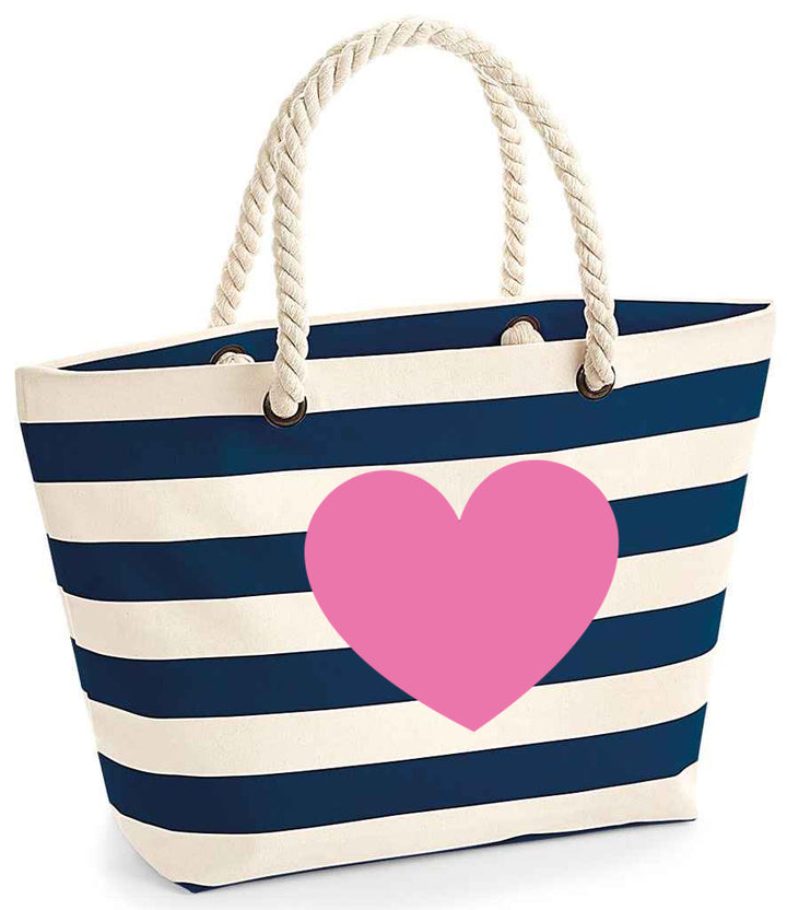 Navy striped beach bag with rope handles - Heart