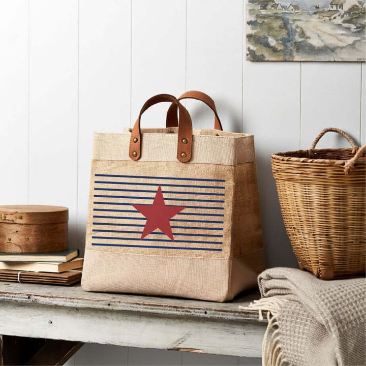 Navy Stripe and Red Star Jute Studio Tote Bag