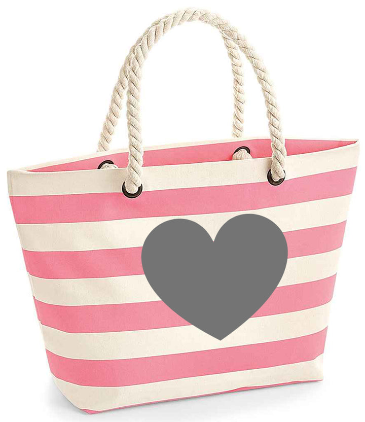 Pink striped beach bag with rope handles - Heart