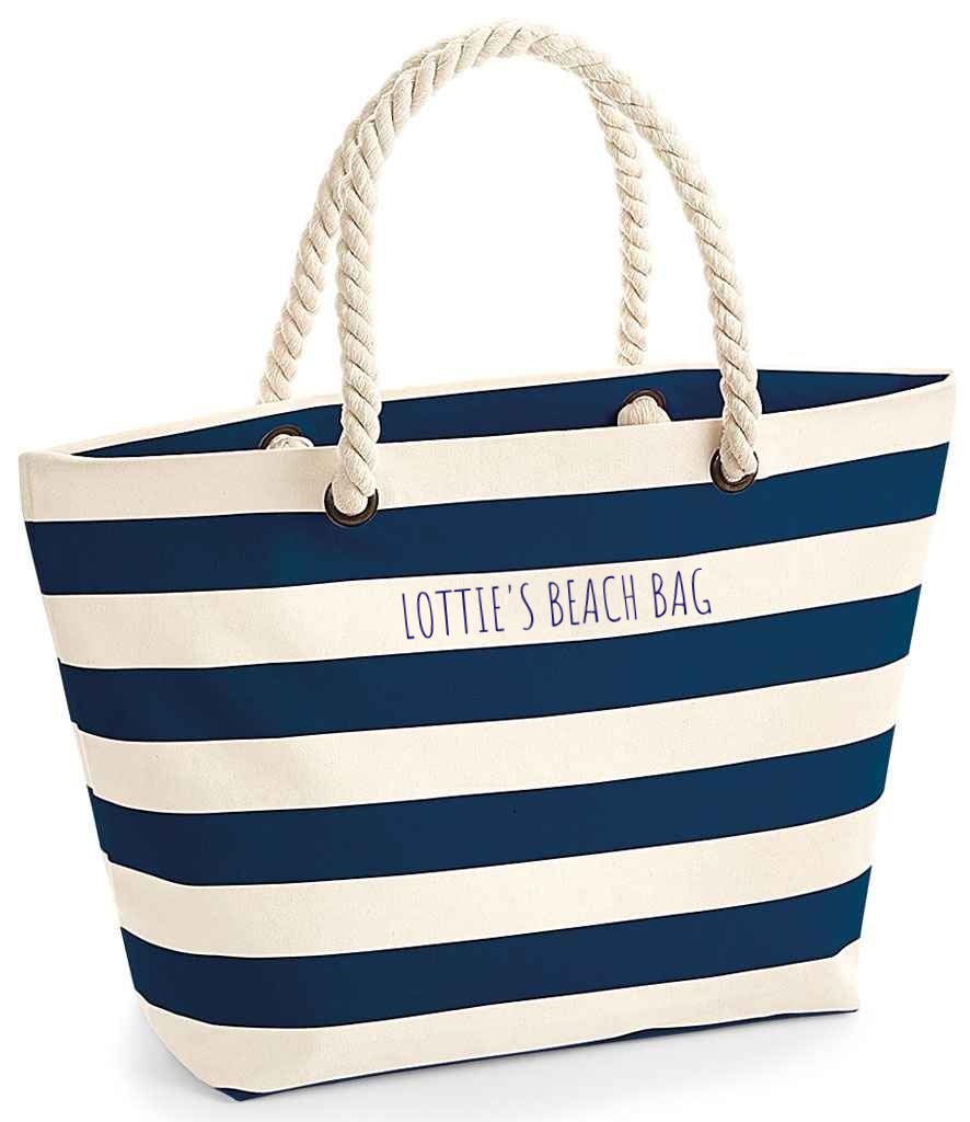 Personalised stripey beach bag with rope handles - navy