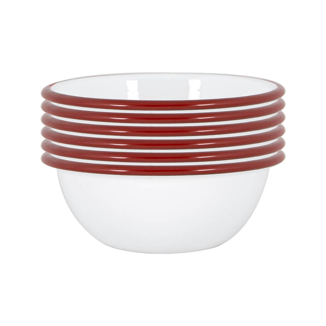 six white enamel bowls with red rim