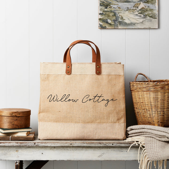 Personalised leather handled jute shopping tote bag