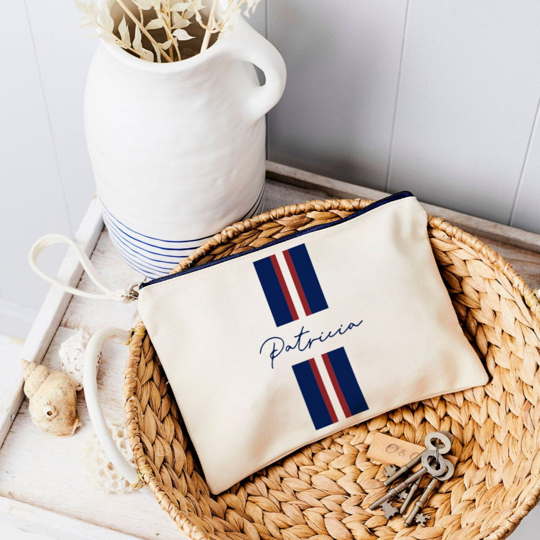 Personalised Navy Stripe Signature Canvas Pouch