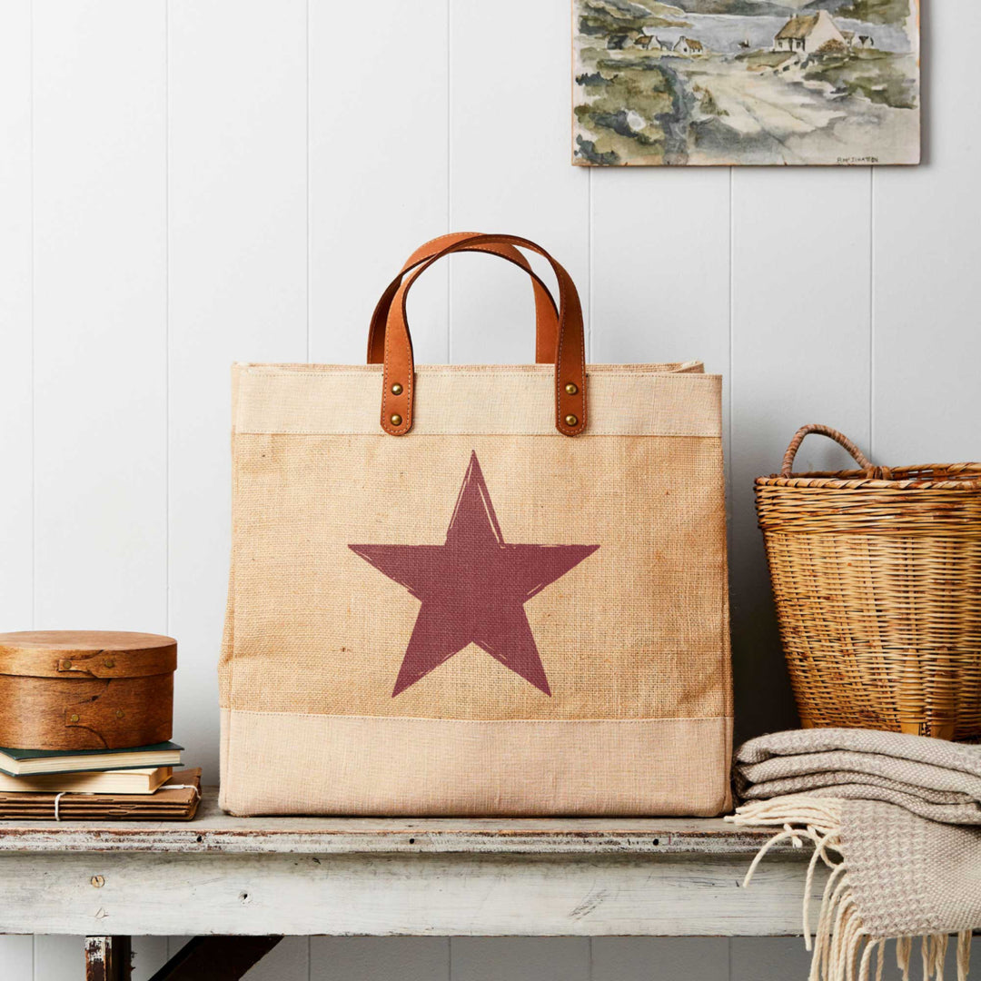 Star leather handled jute shopping tote bag