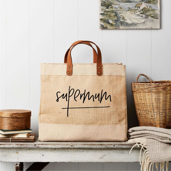 Stylish Supermum Market Tote made from sustainable jute, perfect for shopping or beach days, by Tillyanna.