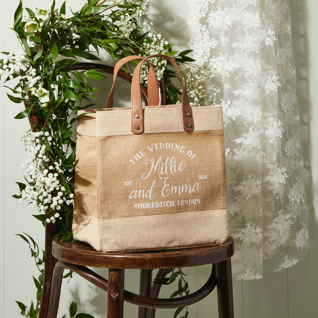 Personalised Wedding Leather Handled Jute Tote Bag