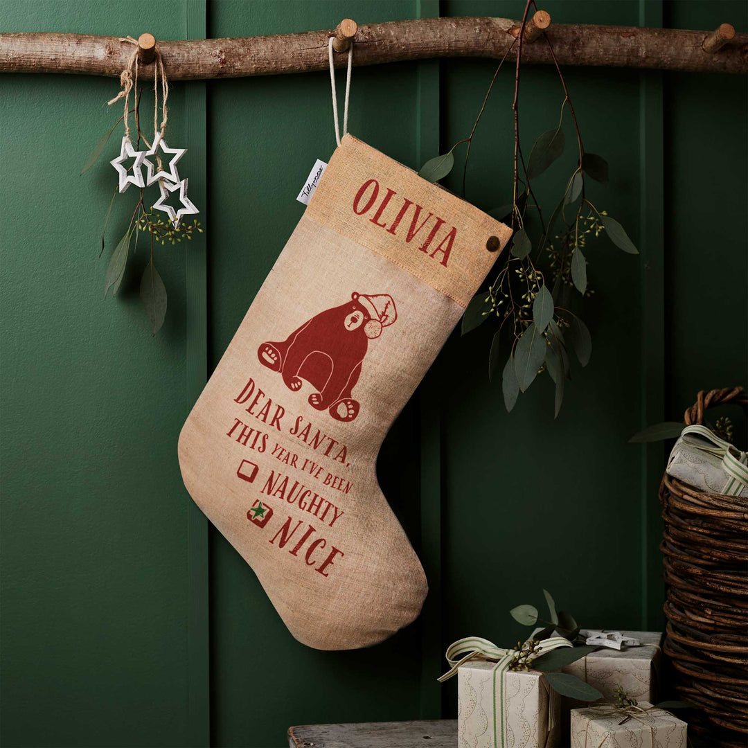 Personalised Juco Linen Christmas Stocking - Bear - Tillyanna