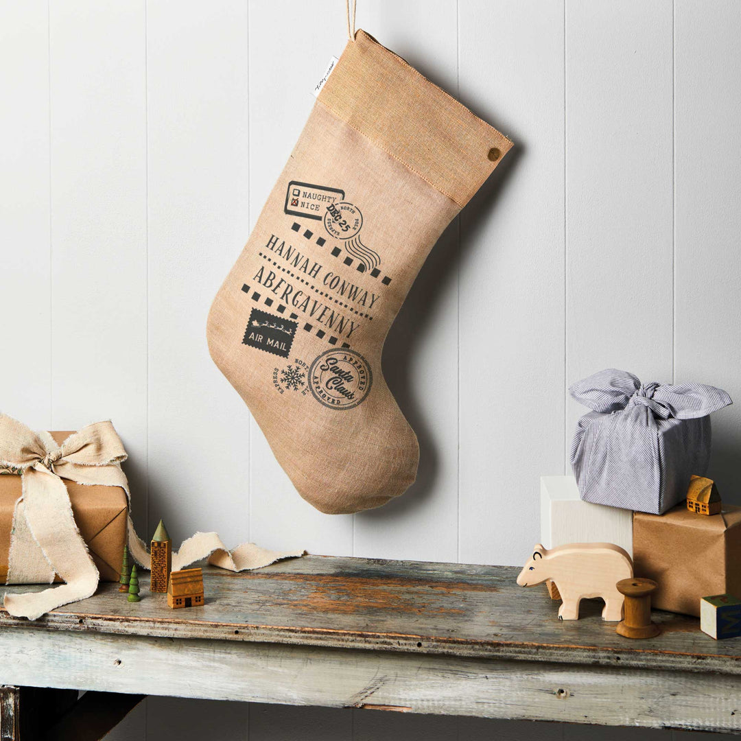 Personalised Juco Linen Christmas Stocking - Stamp - Tillyanna