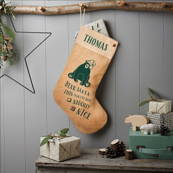 Personalised Jute Christmas Stocking - Bear - Tillyanna