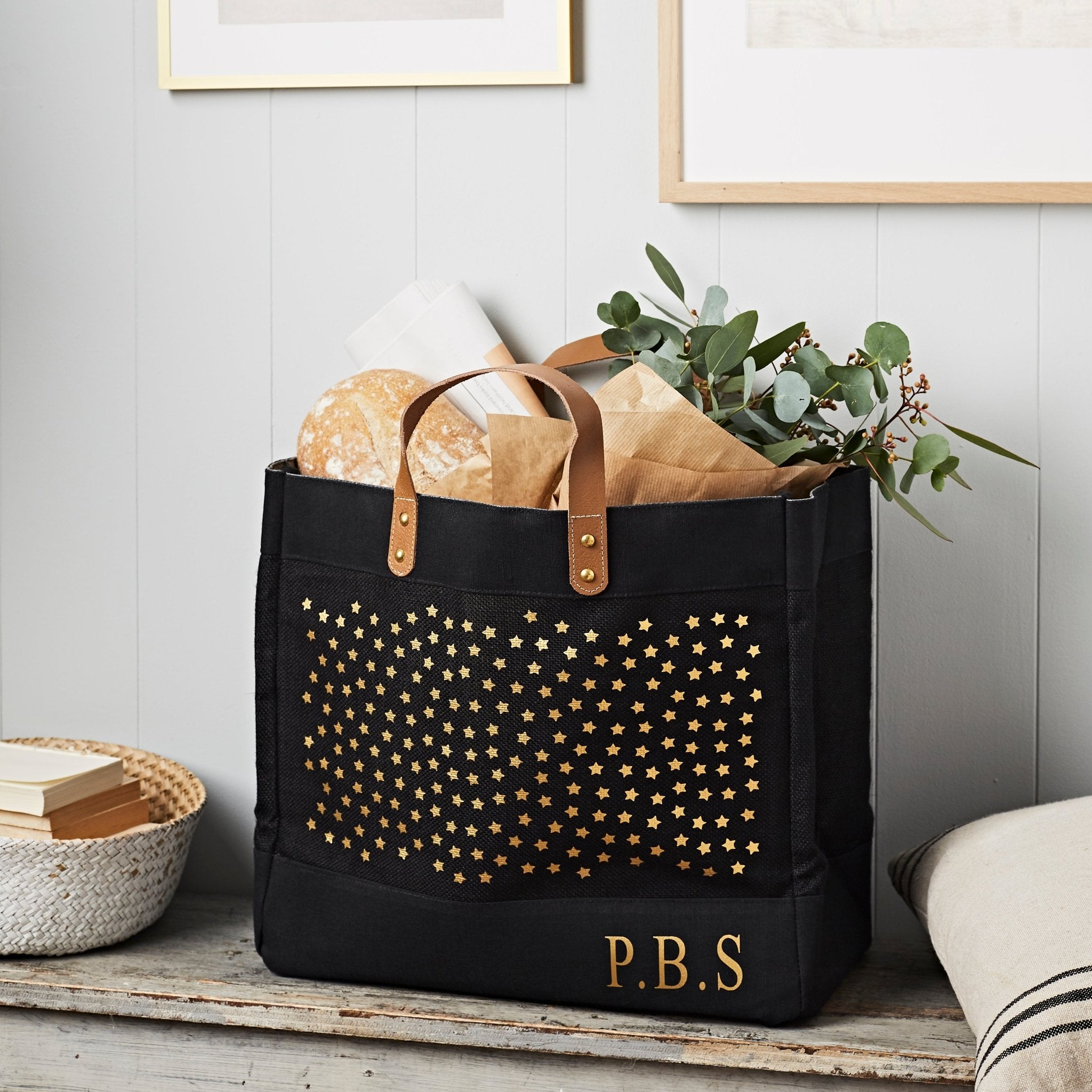 Personalised Black Jute Market Tote Stars Tillyanna